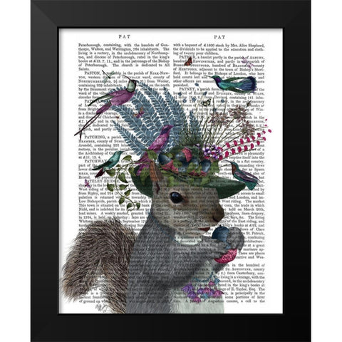 Squirrel Birdkeeper and Blue Acorns Black Modern Wood Framed Art Print by Fab Funky