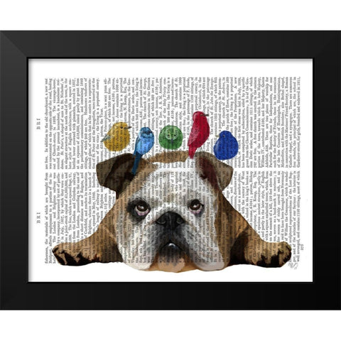 English Bulldog and Birds Black Modern Wood Framed Art Print by Fab Funky