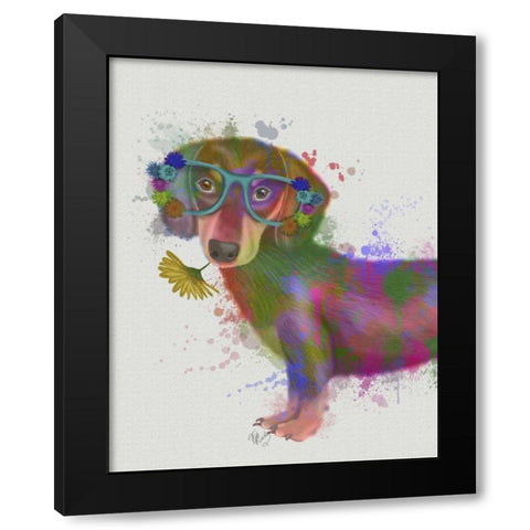 Dachshund And Glasses Rainbow Splash Black Modern Wood Framed Art Print by Fab Funky