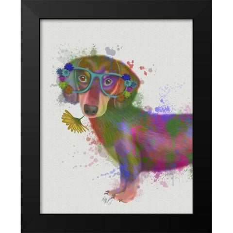 Dachshund And Glasses Rainbow Splash Black Modern Wood Framed Art Print by Fab Funky