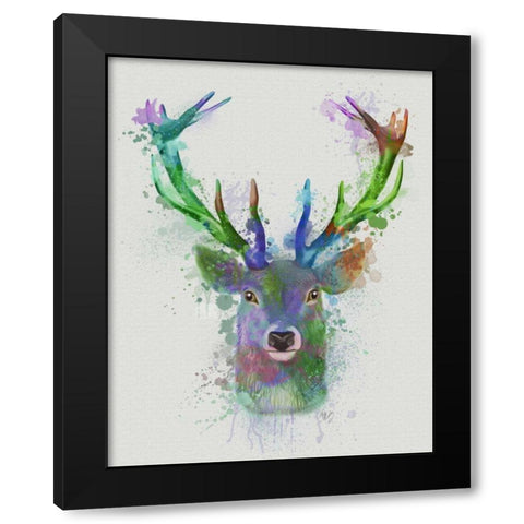 Deer Head 1 Rainbow Splash Blue and Green Black Modern Wood Framed Art Print with Double Matting by Fab Funky