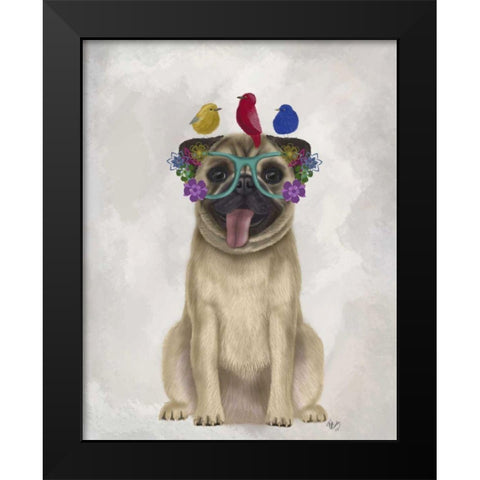 Pug and Flower Glasses Black Modern Wood Framed Art Print by Fab Funky