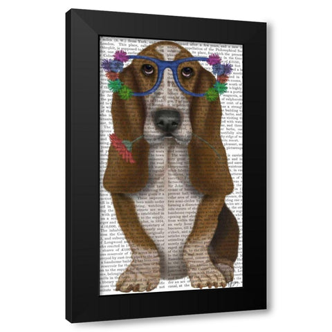 Basset Hound Flower Glasses Black Modern Wood Framed Art Print with Double Matting by Fab Funky