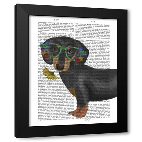 Dachshund Flower Glasses Black Modern Wood Framed Art Print by Fab Funky