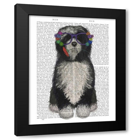 Tibetan Terrier Flower Glasses Black Modern Wood Framed Art Print by Fab Funky