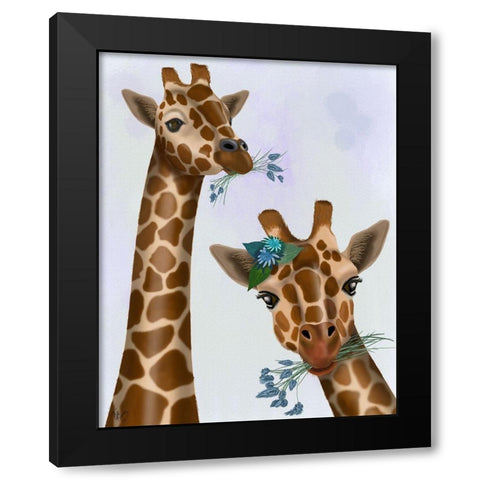 Chewing Giraffe Duo Black Modern Wood Framed Art Print by Fab Funky