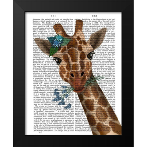 Chewing Giraffe 1 Black Modern Wood Framed Art Print by Fab Funky