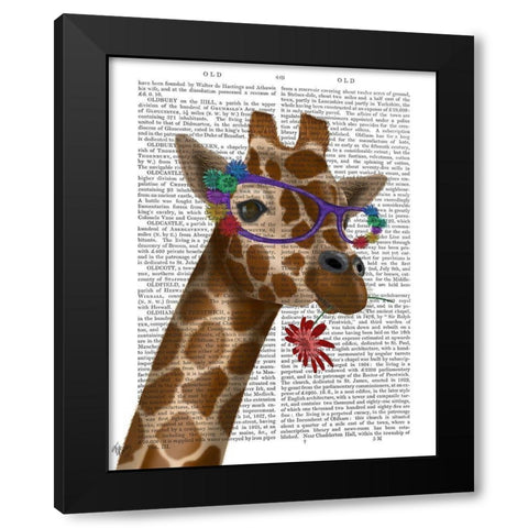 Giraffe and Flower Glasses 2 Black Modern Wood Framed Art Print by Fab Funky