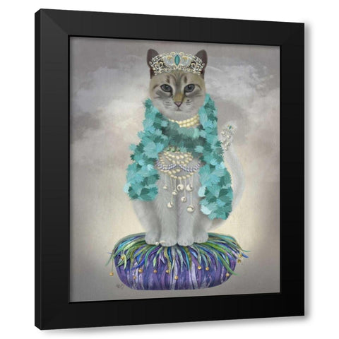 Grey Cat With Bells, Full Black Modern Wood Framed Art Print by Fab Funky