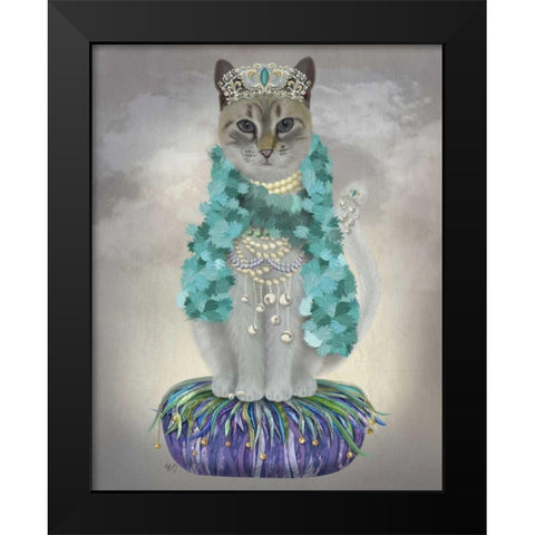 Grey Cat With Bells, Full Black Modern Wood Framed Art Print by Fab Funky