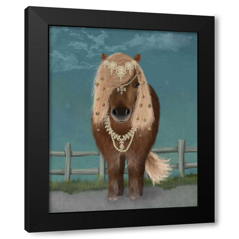 Horse Brown Pony with Bells, Full Black Modern Wood Framed Art Print by Fab Funky