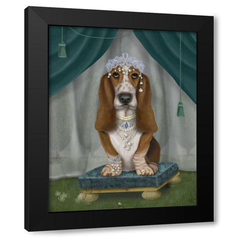 Basset Hound and Tiara Black Modern Wood Framed Art Print by Fab Funky