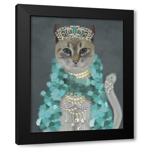 Grey Cat With Bells, Portrait Black Modern Wood Framed Art Print with Double Matting by Fab Funky