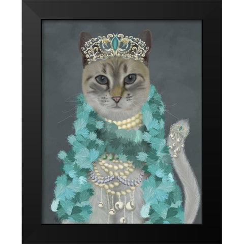 Grey Cat With Bells, Portrait Black Modern Wood Framed Art Print by Fab Funky