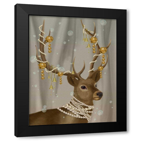 Deer with Gold Bells Black Modern Wood Framed Art Print by Fab Funky