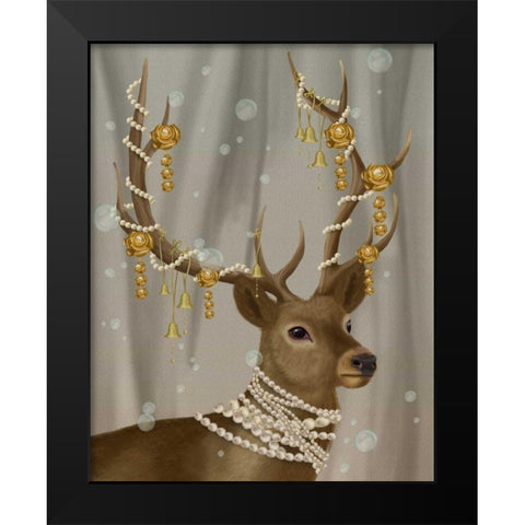 Deer with Gold Bells Black Modern Wood Framed Art Print by Fab Funky