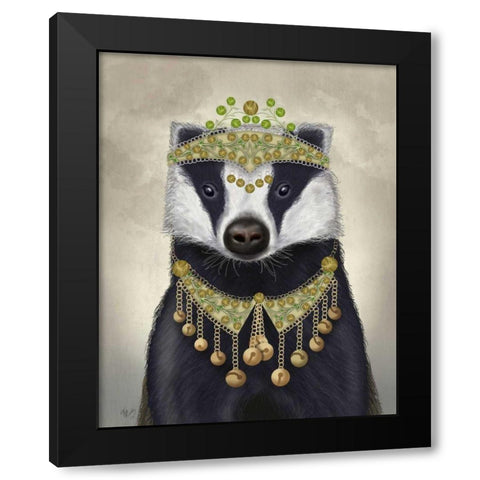 Badger with Tiara, Portrait Black Modern Wood Framed Art Print by Fab Funky