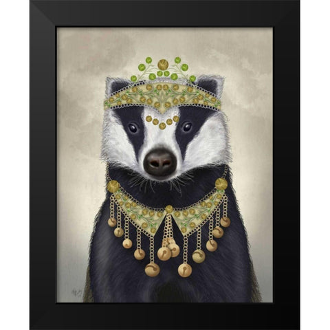 Badger with Tiara, Portrait Black Modern Wood Framed Art Print by Fab Funky