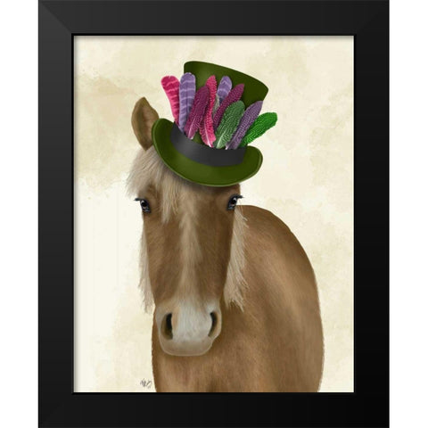 Horse with Feather Hat Black Modern Wood Framed Art Print by Fab Funky