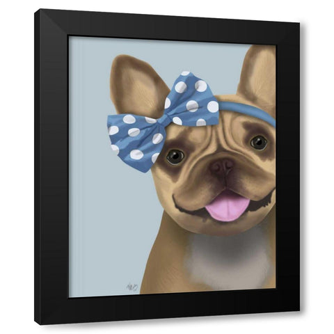 French Bulldog and Blue Bow Black Modern Wood Framed Art Print by Fab Funky