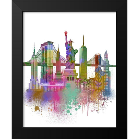 New York Skyline Rainbow Bright  Black Modern Wood Framed Art Print by Fab Funky