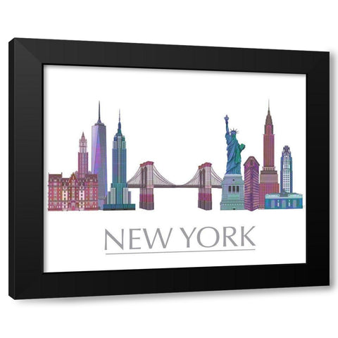 New York Skyline Coloured Buildings Black Modern Wood Framed Art Print by Fab Funky