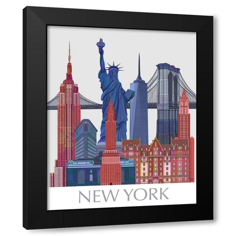 New York Landmarks , Red Blue Black Modern Wood Framed Art Print by Fab Funky