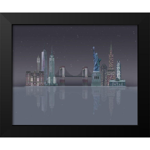 New York Skyline Night Reflections Black Modern Wood Framed Art Print by Fab Funky