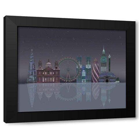 London Skyline Night Reflections Black Modern Wood Framed Art Print with Double Matting by Fab Funky