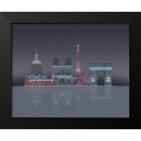 Paris Skyline Night Reflections Black Modern Wood Framed Art Print by Fab Funky