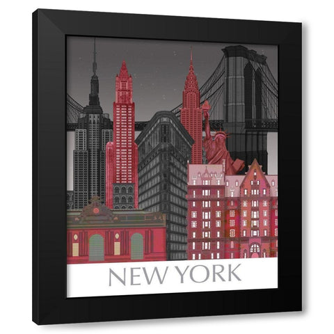 New York Elevations by Night Red Black Modern Wood Framed Art Print with Double Matting by Fab Funky
