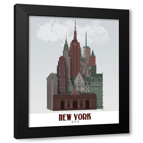 New York in Clouds Dark Red and Green Black Modern Wood Framed Art Print by Fab Funky