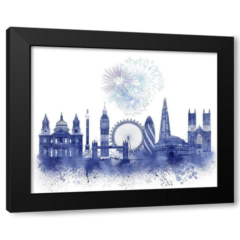 London Skyline Watercolour Splash Blue Black Modern Wood Framed Art Print with Double Matting by Fab Funky