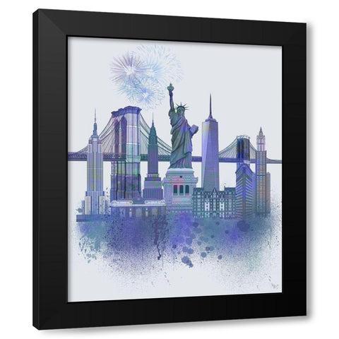 New York Skyline Watercolour Splash Blue Black Modern Wood Framed Art Print with Double Matting by Fab Funky