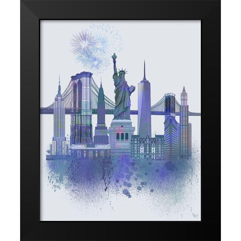 New York Skyline Watercolour Splash Blue Black Modern Wood Framed Art Print by Fab Funky