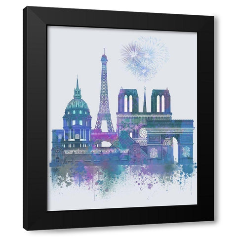 Paris Skyline Watercolour Splash Blue Black Modern Wood Framed Art Print with Double Matting by Fab Funky