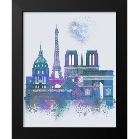 Paris Skyline Watercolour Splash Blue Black Modern Wood Framed Art Print by Fab Funky