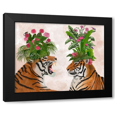 Hot House Tigers, Pair, Pink Green Black Modern Wood Framed Art Print with Double Matting by Fab Funky