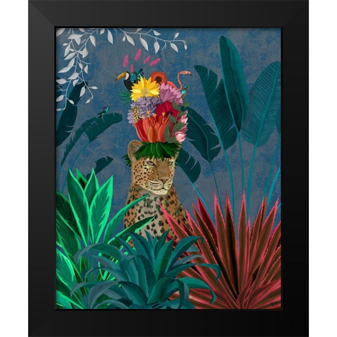 Leopard with Headdress Black Modern Wood Framed Art Print by Fab Funky