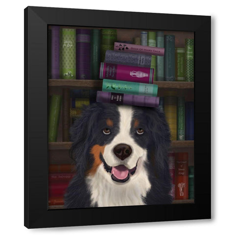 Bernese and Books Black Modern Wood Framed Art Print by Fab Funky