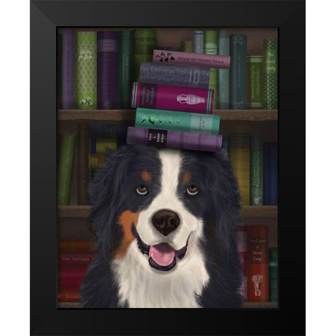 Bernese and Books Black Modern Wood Framed Art Print by Fab Funky