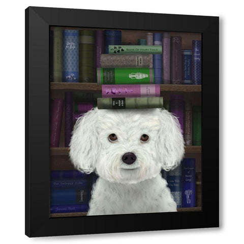 Bichon Frise and Books Black Modern Wood Framed Art Print with Double Matting by Fab Funky