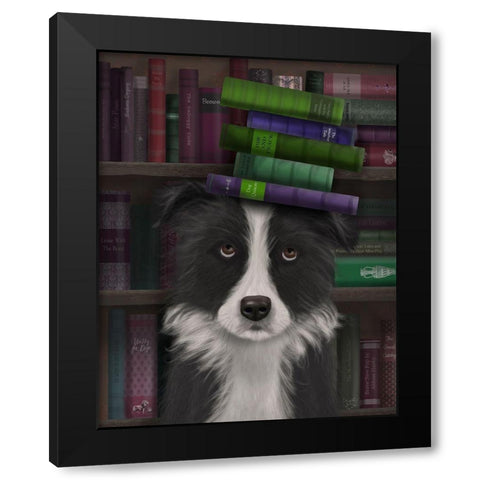 Border Collie, Black and White, and Books Black Modern Wood Framed Art Print by Fab Funky