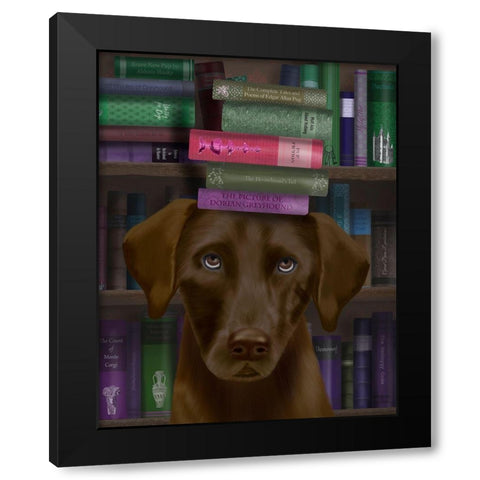 Brown Labrador and Books Black Modern Wood Framed Art Print with Double Matting by Fab Funky
