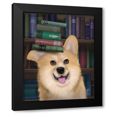 Corgi and Books Black Modern Wood Framed Art Print with Double Matting by Fab Funky
