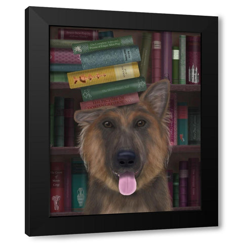 German Shepherd and Books Black Modern Wood Framed Art Print by Fab Funky