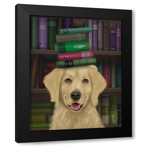 Golden Retriever and Books Black Modern Wood Framed Art Print by Fab Funky