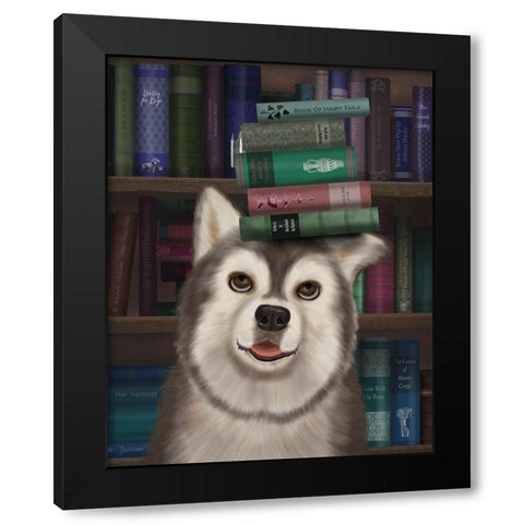 Husky and Books Black Modern Wood Framed Art Print with Double Matting by Fab Funky