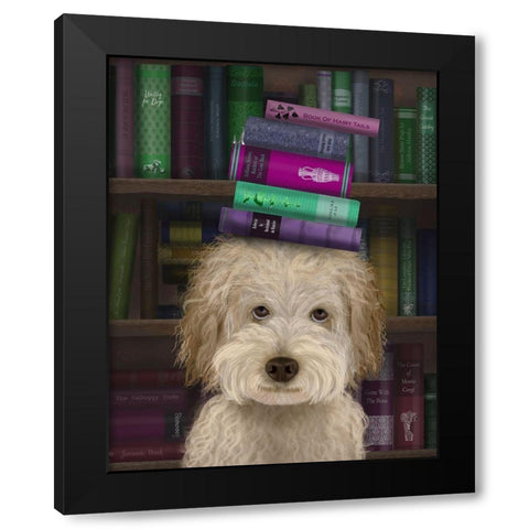 Labradoodle, Cream, and Books Black Modern Wood Framed Art Print with Double Matting by Fab Funky