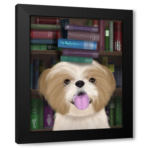 Shih Tsu and Books Black Modern Wood Framed Art Print by Fab Funky